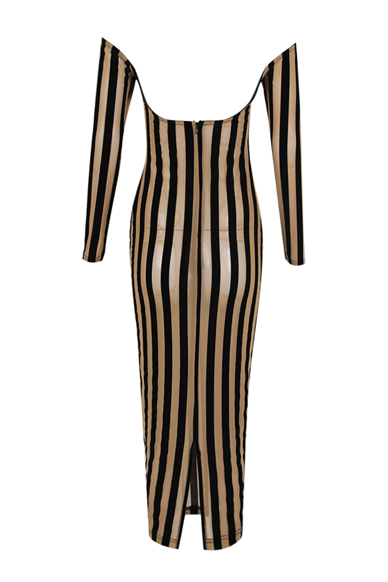 Boat Neck Striped Mid Length Mesh Gown