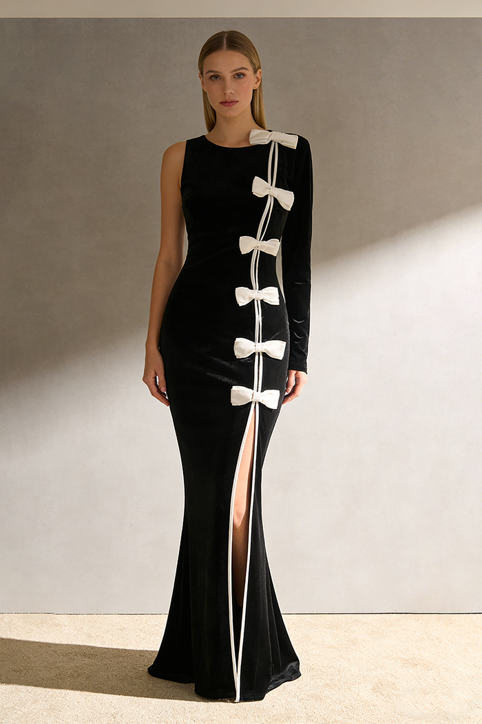 Bow Cascade Velvet Gown