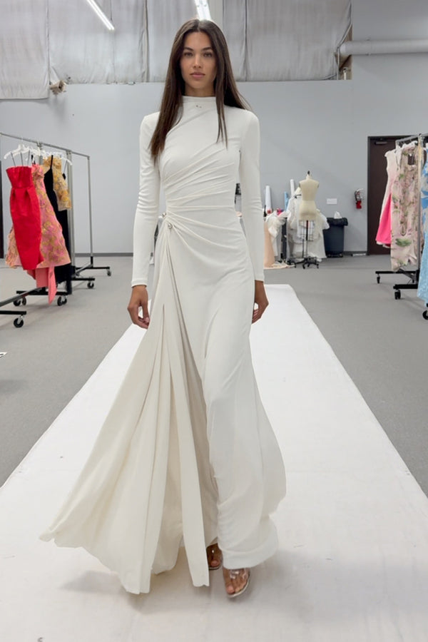 Brooch Long Sleeve Split Gown