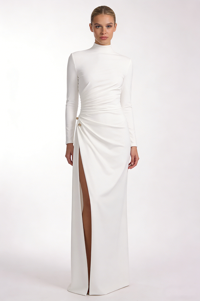 Brooch Long Sleeve Split Gown