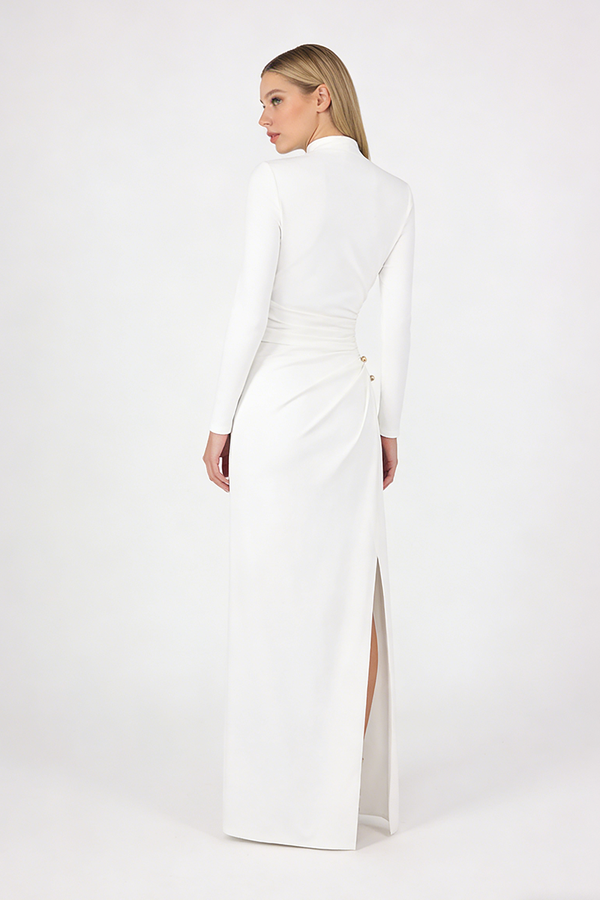 Brooch Long Sleeve Split Gown