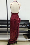 Burgundy Feather Sequin Slits Dress