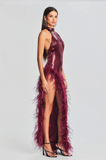 Burgundy Feather Sequin Slits Dress