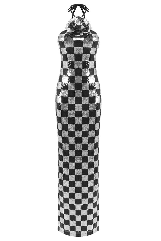 Checkered Sequined Halter Flower Detai Gown