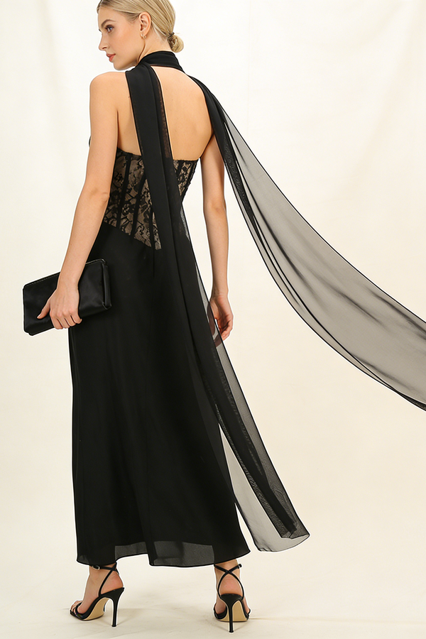 Chiffon Scarf Corseted Lace Gown