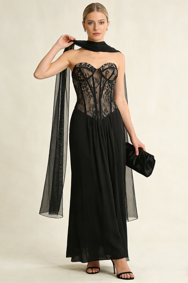 Chiffon Scarf Corseted Lace Gown