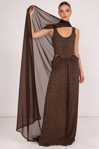 Chiffon Scarf Corseted Sparkly Maxi Dress