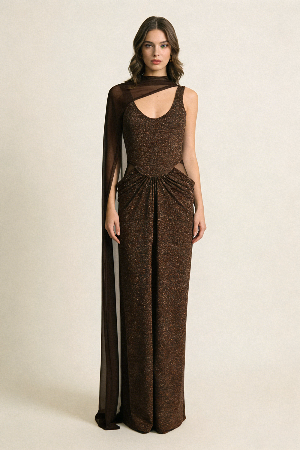 Chiffon Scarf Corseted Sparkly Maxi Dress
