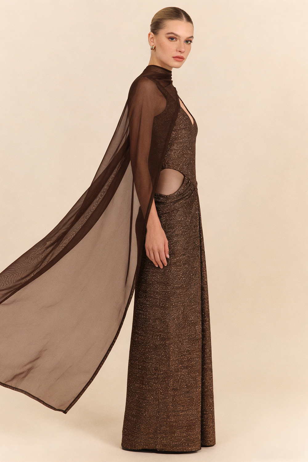 Chiffon Scarf Corseted Sparkly Maxi Dress