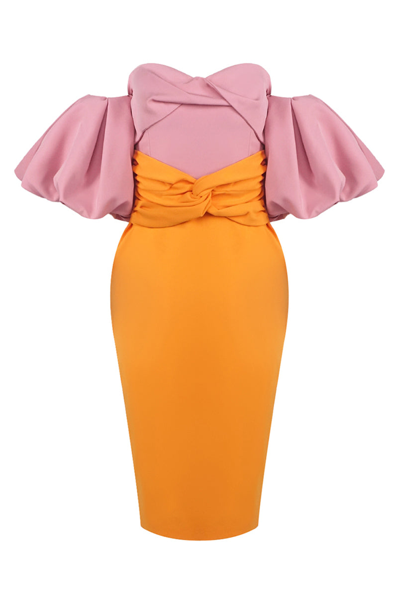 Colour Block Puff Sleeve Midi Dress in Pink Orange
