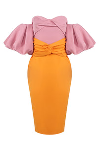 Colour Block Puff Sleeve Midi Dress in Pink Orange