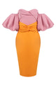 Colour Block Puff Sleeve Midi Dress in Pink Orange