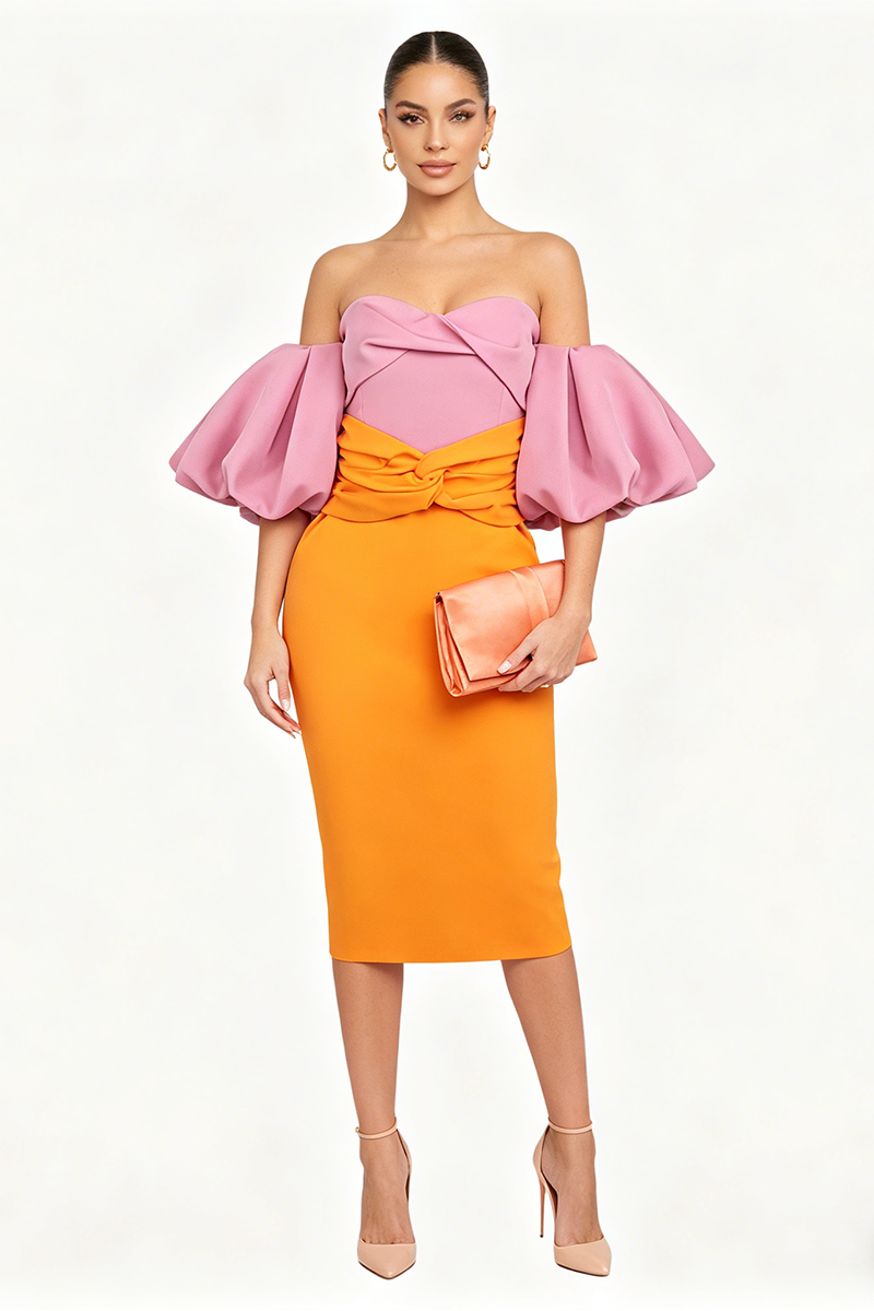 Colour Block Puff Sleeve Midi Dress in Pink Orange