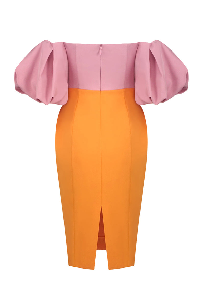 Colour Block Puff Sleeve Midi Dress in Pink Orange