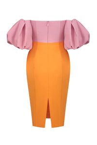 Colour Block Puff Sleeve Midi Dress in Pink Orange