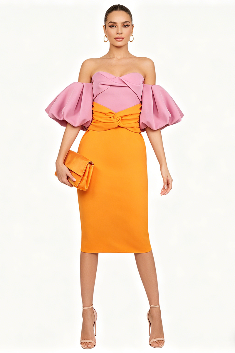 Colour Block Puff Sleeve Midi Dress in Pink Orange