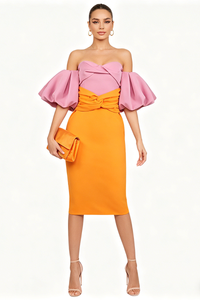 Colour Block Puff Sleeve Midi Dress in Pink Orange