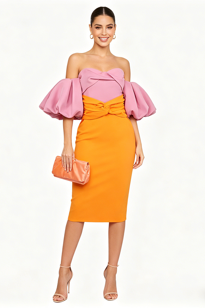 Colour Block Puff Sleeve Midi Dress in Pink Orange