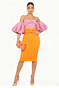 Colour Block Puff Sleeve Midi Dress in Pink Orange