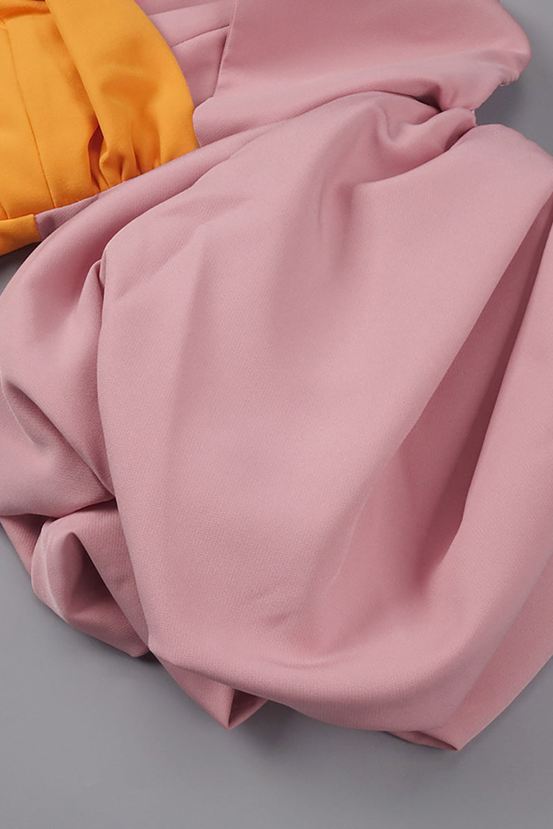 Colour Block Puff Sleeve Midi Dress in Pink Orange