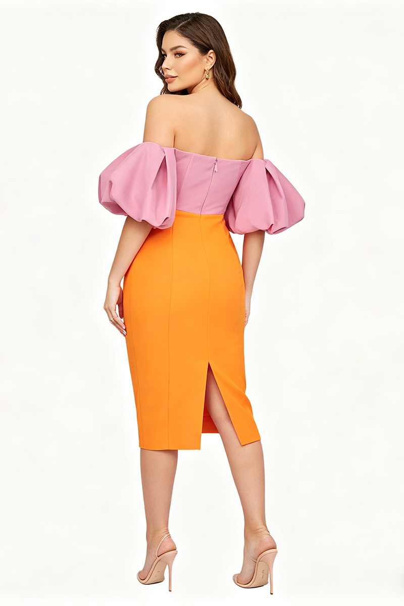 Colour Block Puff Sleeve Midi Dress in Pink Orange