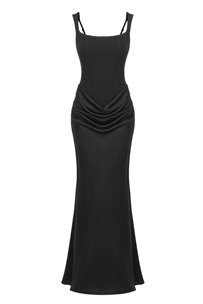 Corset Bodice Draped Maxi Dress in Black