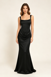 Corset Bodice Draped Maxi Dress in Black
