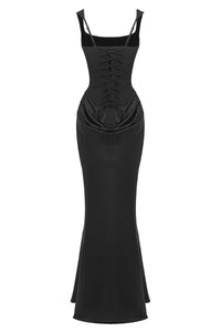 Corset Bodice Draped Maxi Dress in Black