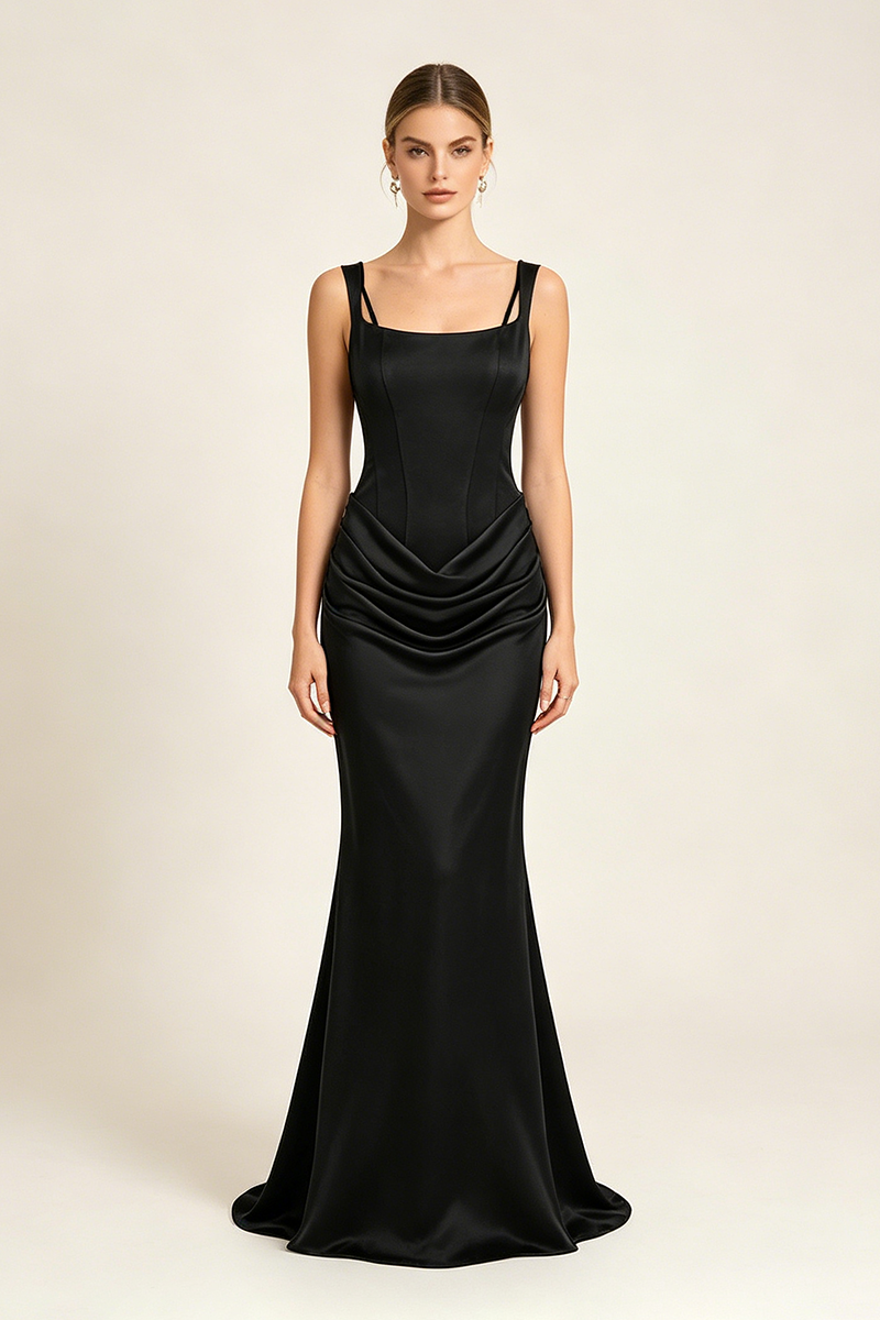 Corset Bodice Draped Maxi Dress in Black