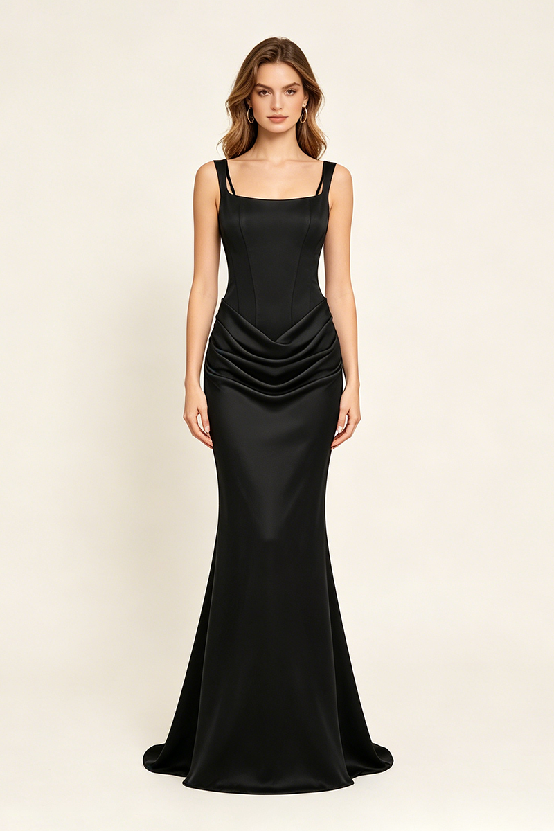 Corset Bodice Draped Maxi Dress in Black