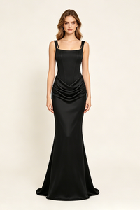 Corset Bodice Draped Maxi Dress in Black