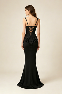 Corset Bodice Draped Maxi Dress in Black