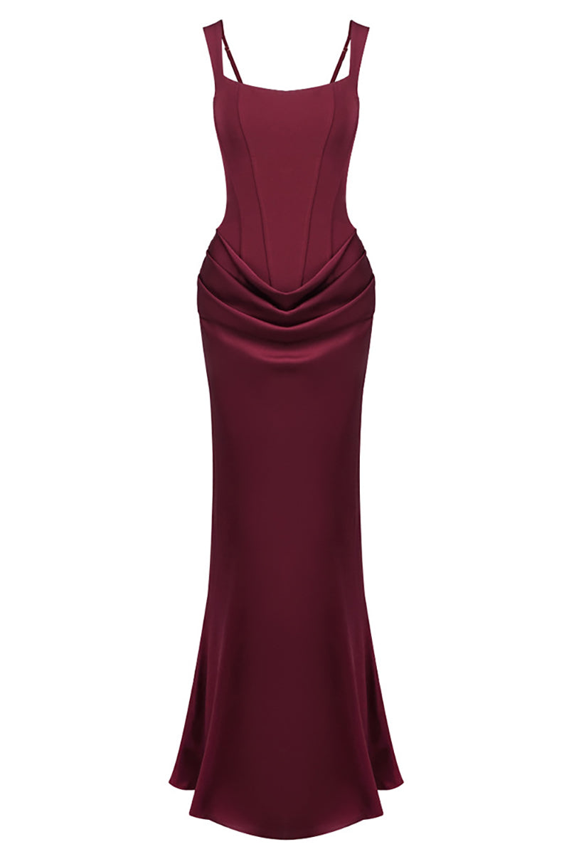 Corset Bodice Draped Maxi Dress in Burgundy