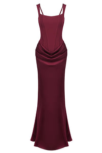 Corset Bodice Draped Maxi Dress in Burgundy