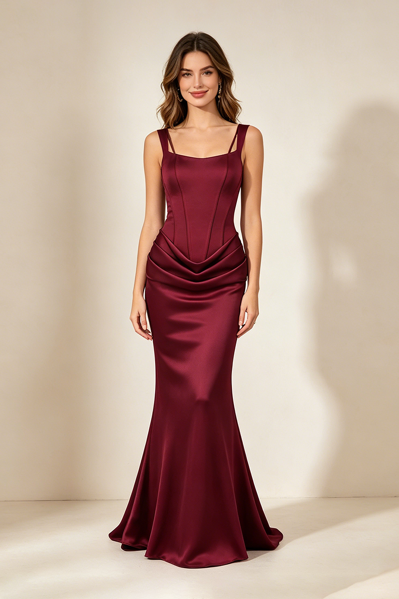 Corset Bodice Draped Maxi Dress in Burgundy