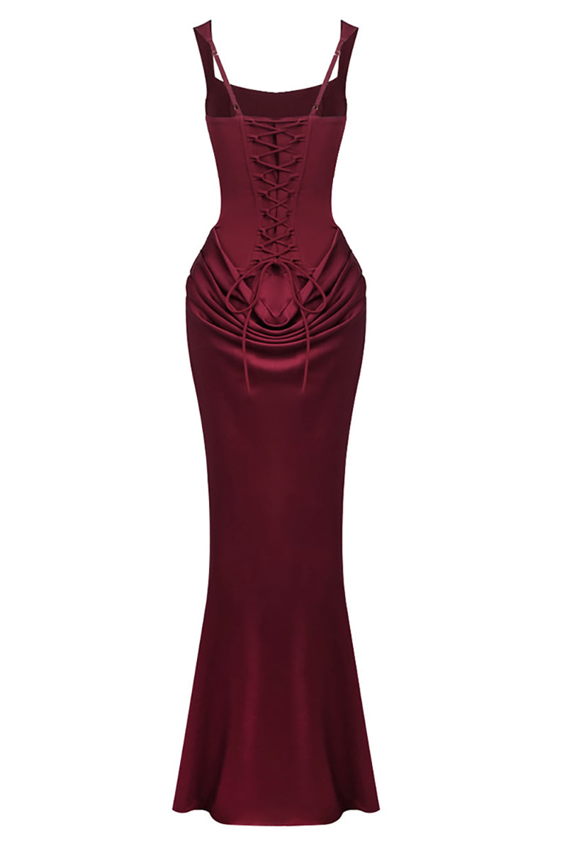 Corset Bodice Draped Maxi Dress in Burgundy