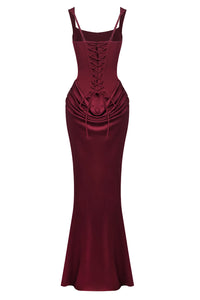 Corset Bodice Draped Maxi Dress in Burgundy