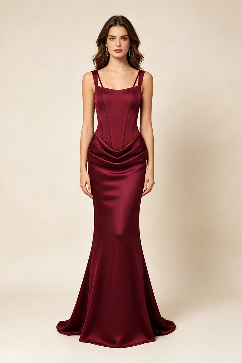 Corset Bodice Draped Maxi Dress in Burgundy