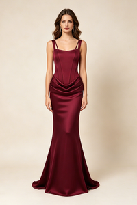 Corset Bodice Draped Maxi Dress in Burgundy