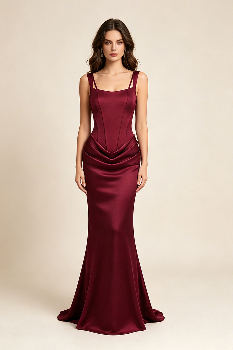Corset Bodice Draped Maxi Dress in Burgundy