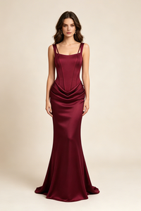 Corset Bodice Draped Maxi Dress in Burgundy