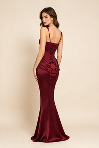 Corset Bodice Draped Maxi Dress in Burgundy