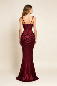 Corset Bodice Draped Maxi Dress in Burgundy
