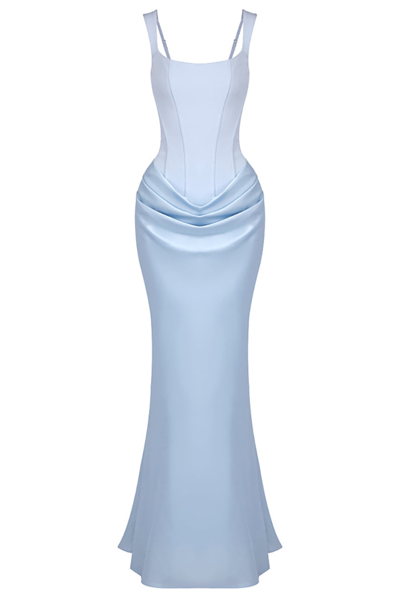 Corset Bodice Draped Maxi Dress in Light Blue