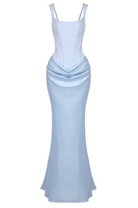 Corset Bodice Draped Maxi Dress in Light Blue