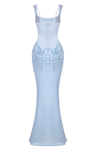 Corset Bodice Draped Maxi Dress in Light Blue