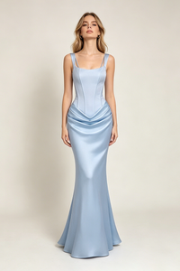 Corset Bodice Draped Maxi Dress in Light Blue
