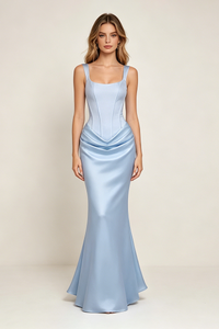 Corset Bodice Draped Maxi Dress in Light Blue