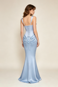 Corset Bodice Draped Maxi Dress in Light Blue