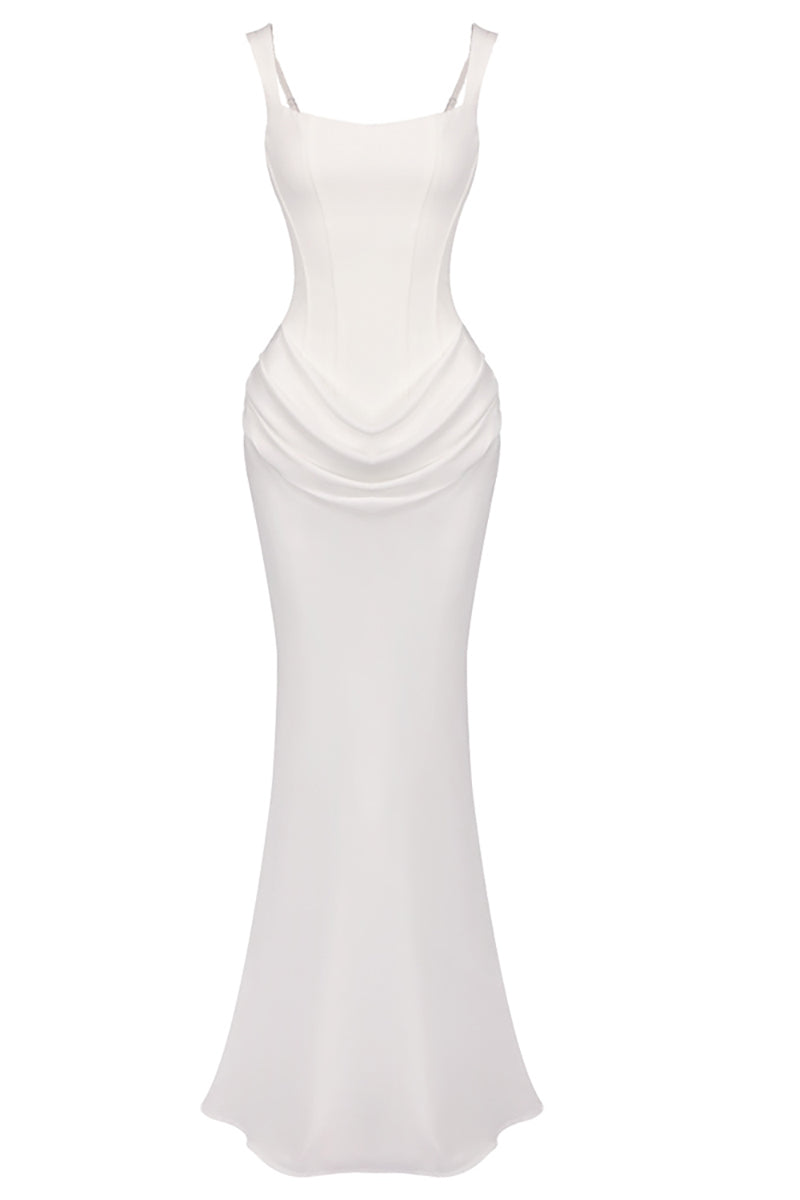 Corset Bodice Draped Maxi Dress in White